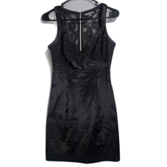 Vintage GUESS Dress Small LBD Stretch Satin and Lace Mini Retro Rave Club Party - Picture 2 of 9